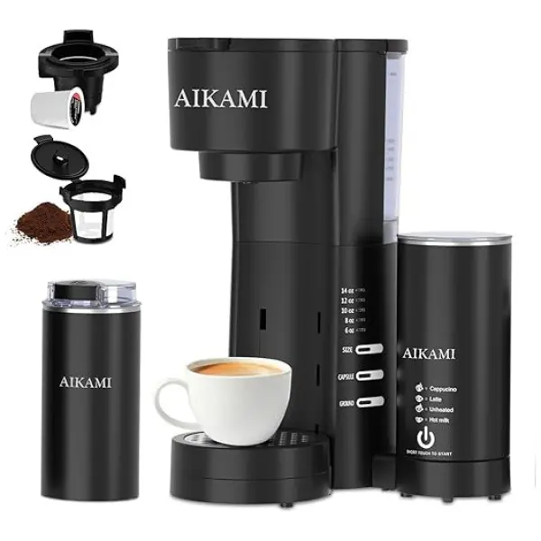 4 IN 1 Mini Coffee Maker Single Serve with Milk Frother and Coffee Grinder, Coffee Makers for K Cup & Ground, 6 to 14 Oz Brew Sizes, Coffee Machine...