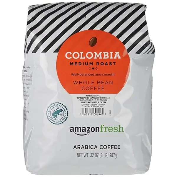 Amazon Fresh Colombia Whole Bean Coffee, Medium Roast, 32 Ounce