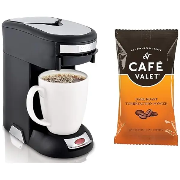 Café Valet Single Serve Coffee Maker, Brews 10 Ounces of Coffee or Hot Water, and 84ct Regular Dark Roast Coffee Packs
