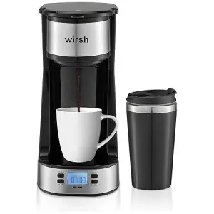 wirsh Single Serve Coffee Maker- Small Coffee Maker with Programmable Timer and LCD display, Single Cup Coffee Maker with 14 oz.Travel Mug and...
